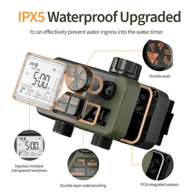 Diivoo Garden Water Timer 2 Outlets IPX5 Waterproof Multi-Functional Automatic Irrigation Timer with Rain Delay/Manual/Auto Mode 2
