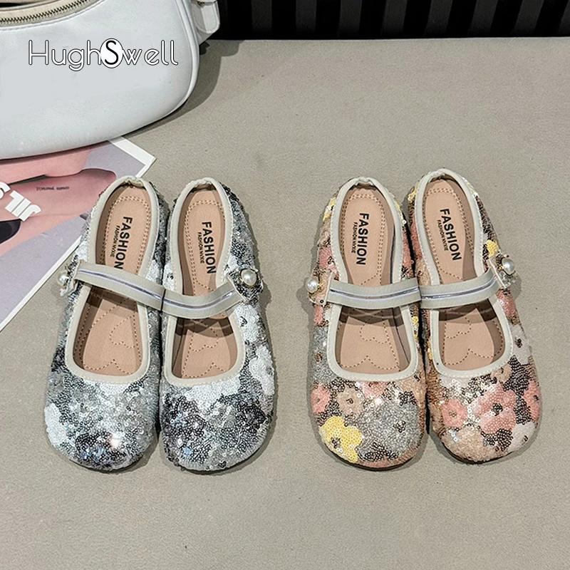 Fancy Flower Sequins Design Ballet Slides Woman Round Toe Casual Flat Mules Ladies Elegant Bling Glitter Party Shoes Plus Size