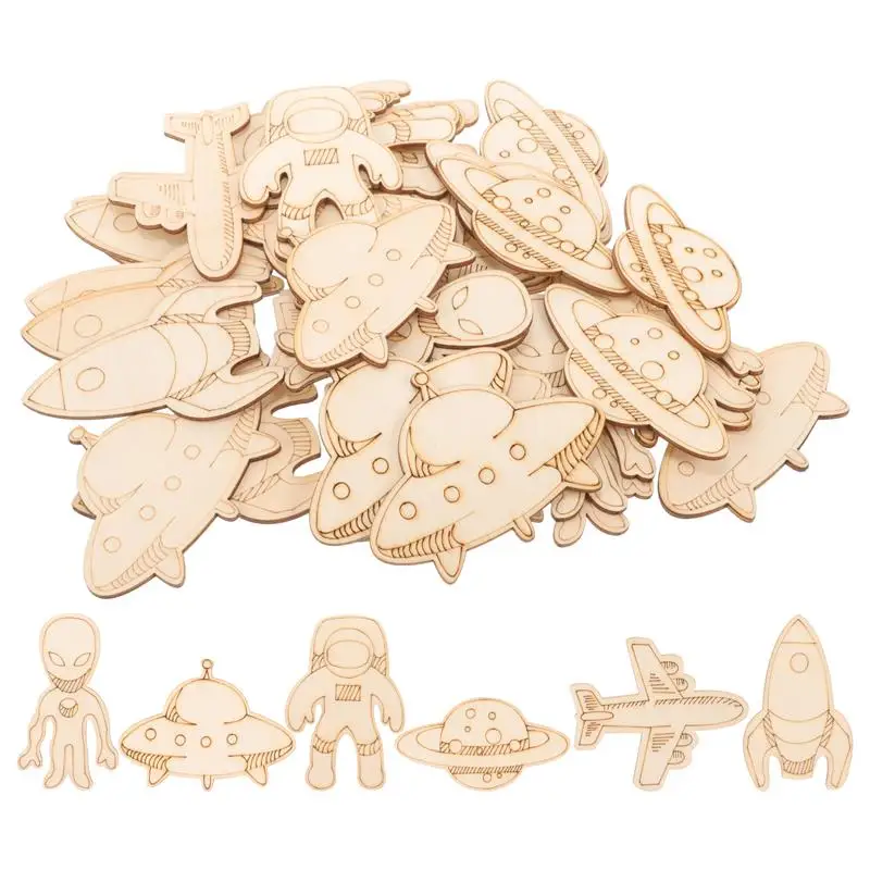 

32pcs DIY Unfinished Outer Space Crafts Party Ornament Hollow Wooden Planet Rocket Hanging Jewelry DIY Crafts For Party Decor