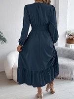 Autumn and Winter Casual Elegant Solid Color Round Neck Long Sleeved Waist Cinched Lotus Leaf Edge Dress Women Clothing - Image 2