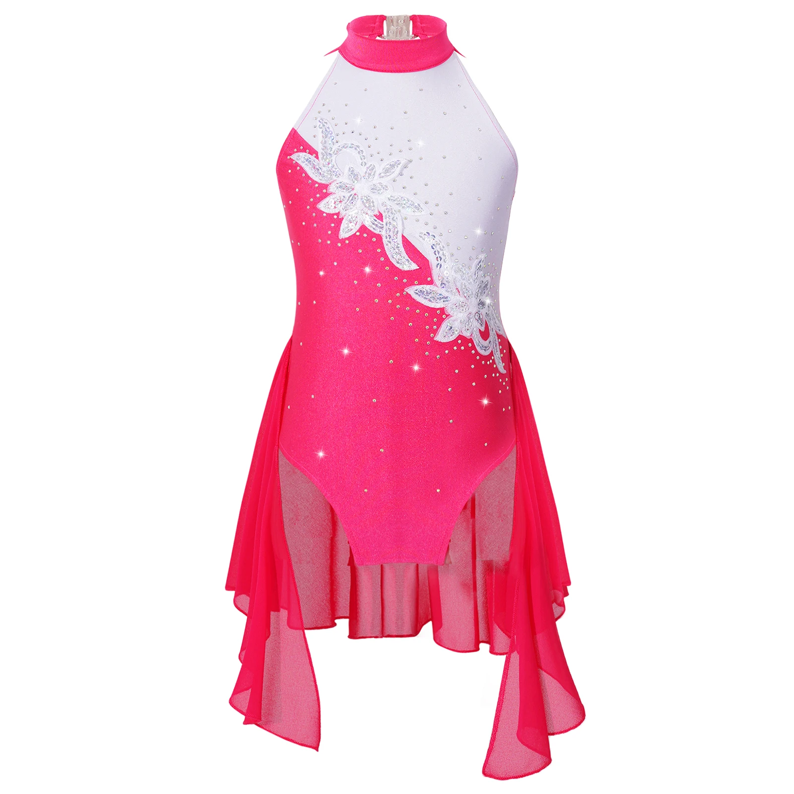thumbnail image 1 of Vestido de leotardo de gimnasia para niñas, vestidos sin mangas con lentejuelas brillantes de malla transparente con abertura en la espalda, vestido de baile lírico para patinaje artístico, 1 of 5