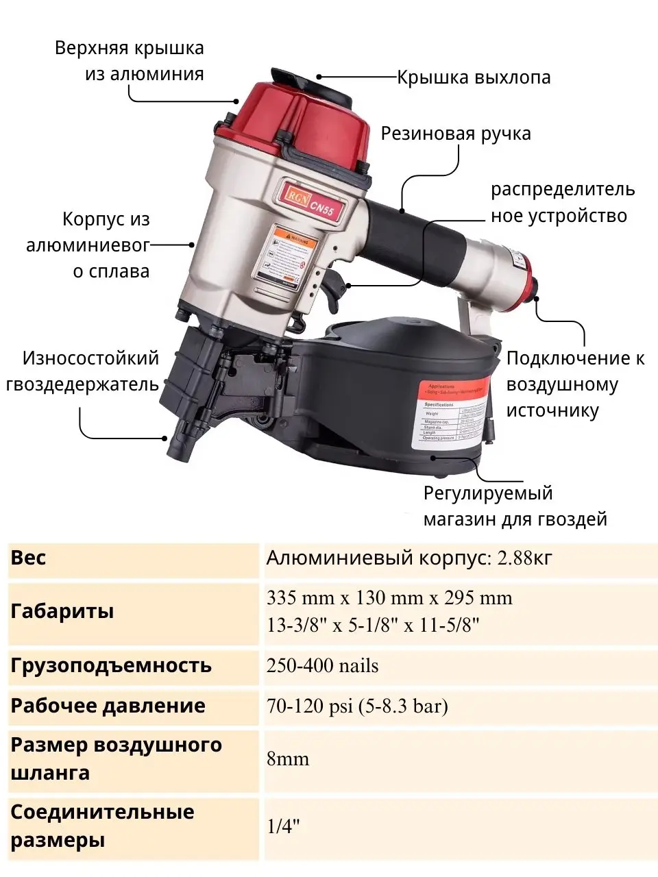 Cn55 drum nail gun 32-57mm EAC roofing nail gun 2.88 kg air gun for nails 3