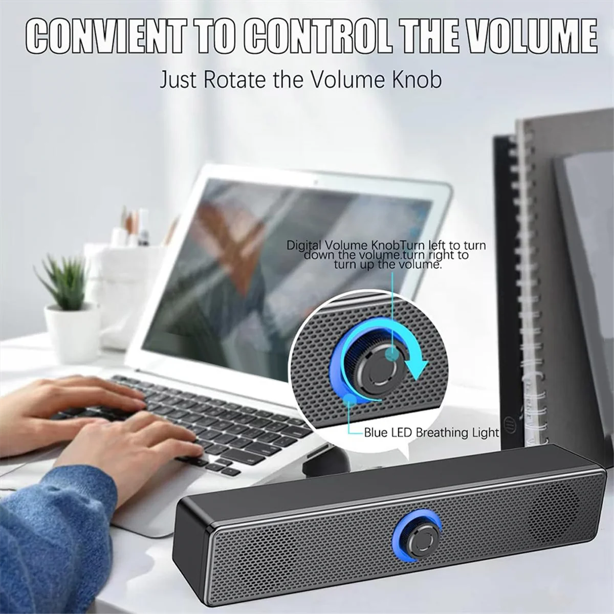 A02R 노브 볼륨 조절 및 3.5mm Aux 입력이 포함된 Bluetooth 컴퓨터 스피커, PC 노트북용 휴대용 사운드바 스피커