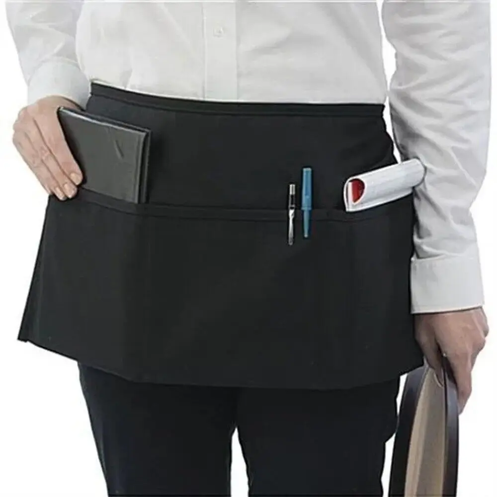Fashion Short Small Apron 3 Pockets Waist Apron Black Waterproof Waitress Half Apron