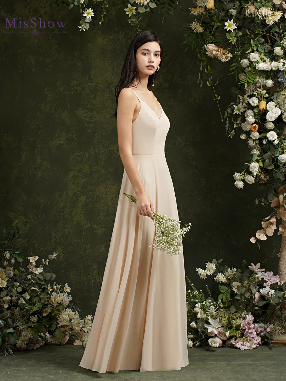chinese dress ladies ZAPAKA Women Dark Blue Bridesmaid Dress with Lace Up Back A-Line Square Neck Corset Long Wedding Guest Dress, Champagne / AU6 main image 1