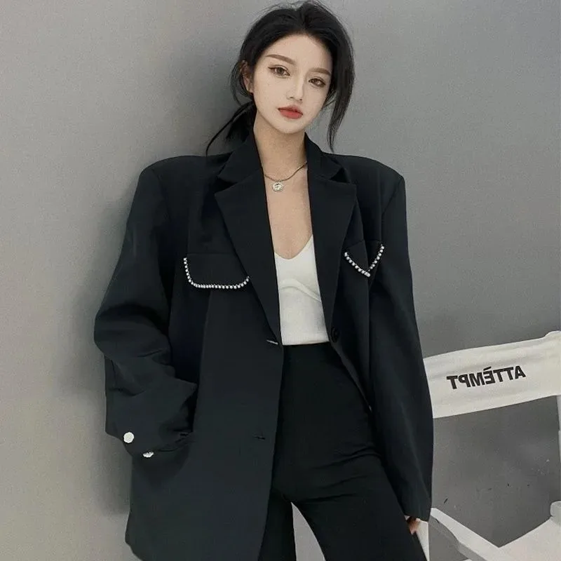 2023 New Spring Autumn Women Blazer Casual Long Sleeve Suit Jacket beading Tideway Office Commute Business Blazer Elegant Tops