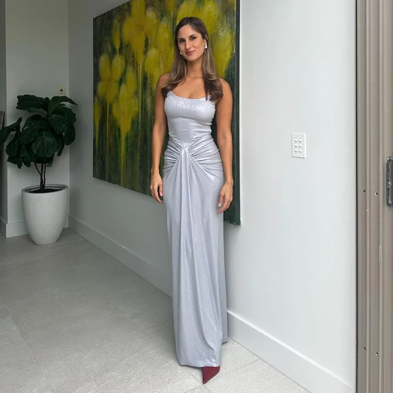 Spaghetti Strap Sexy Backless Maxi Dress Outfits Women Elegant Birthday Vestido 2025 New Club Party Ruched Dresses Female