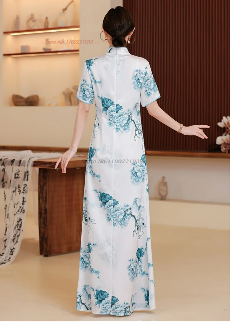 vietnam aodai dress traditional chinese improved qipao flower print cheongsam a-line dress banquet evening vestido