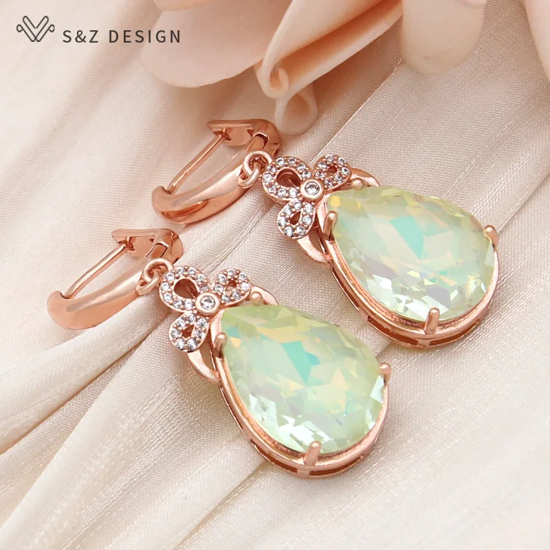 S&Z DESIGN New Fashion 585 Rose Gold Color Water Drop Crystal Dangle Earrings For Women Wedding Cubic Zirconia Eardrop Jewelry