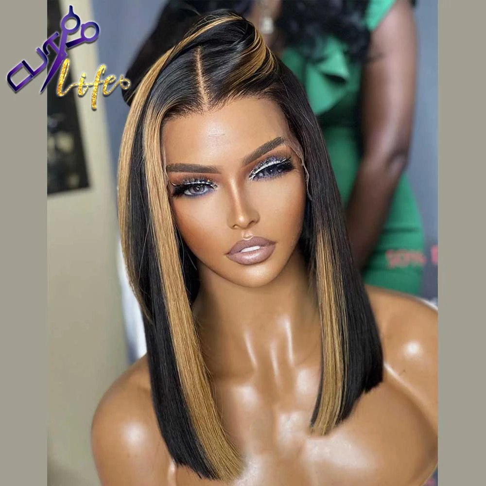 Brown Highlight Color Short Bob Cut Wigs 13x4 Lace Front Wig Human Hair Wigs Preplucked 4X4 Lace Closure For Black Women