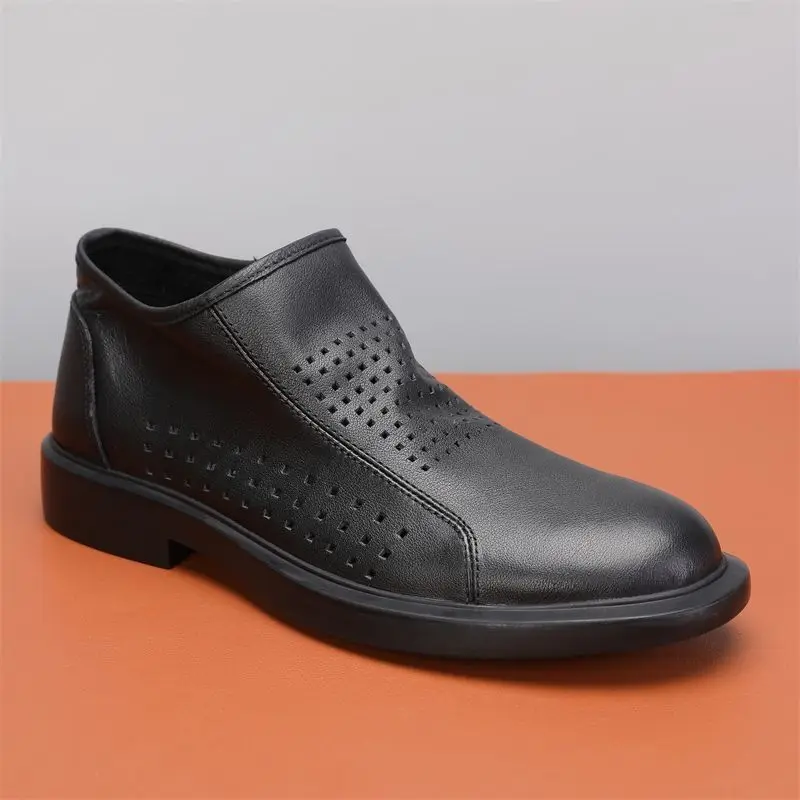 Vintage Genuine Leather Men's Casual Shoes Summer Perforated Roud Toe Thick Bottom Loafers British Style Side Zip Disnger Flats