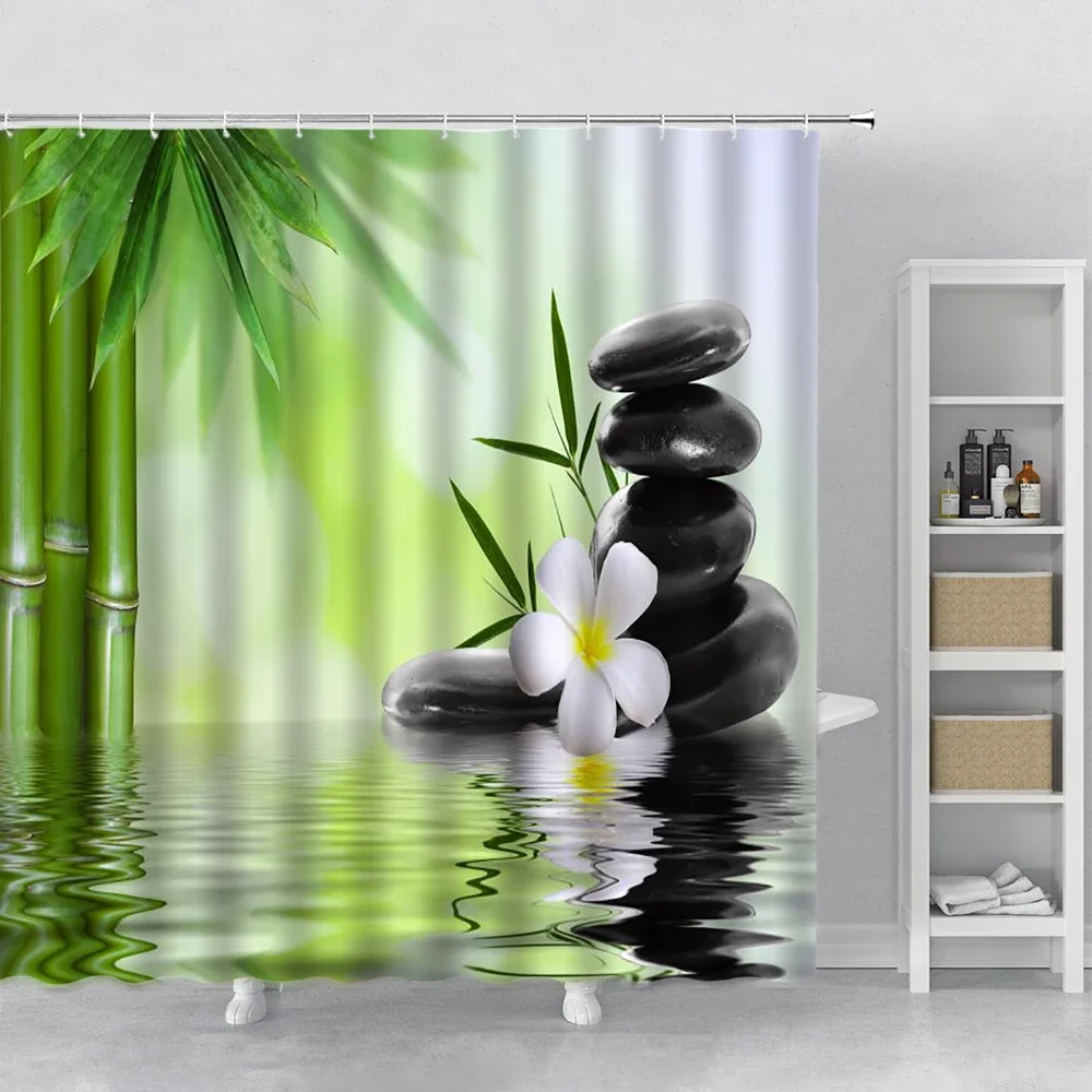 

Занавеска для душа Spa Zen Garden с красными цветами, зелеными бамбуковыми черными камнями, аксессуары для декора ванной комнаты, ткань из полиэстера