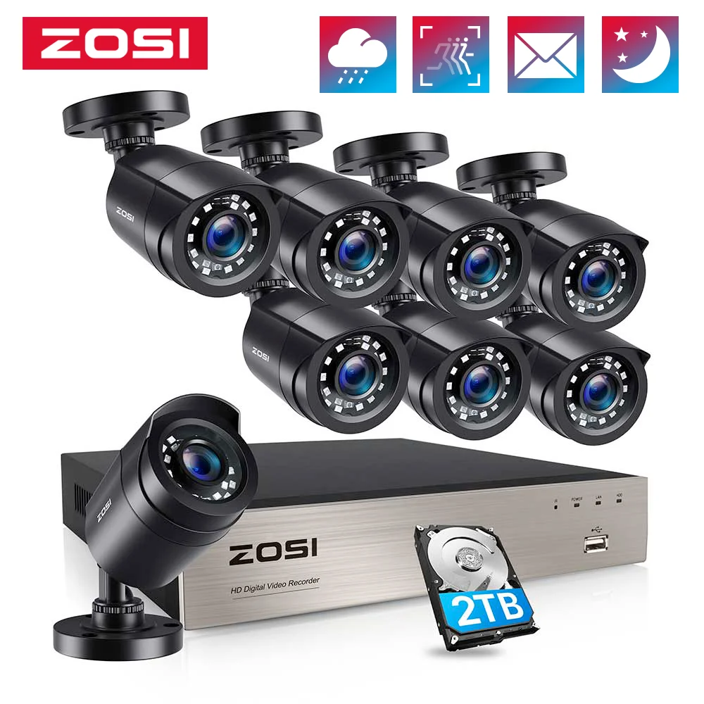 ZOSI Sistema de videovigilancia con cámaras seguridad para el hogar, kit de videovigilancia de 8 2.0MP, IR, resistente a la intemperie, H.265, HD, CCTV, DVR|hdd 1tb|hdd camerahdd 1 -