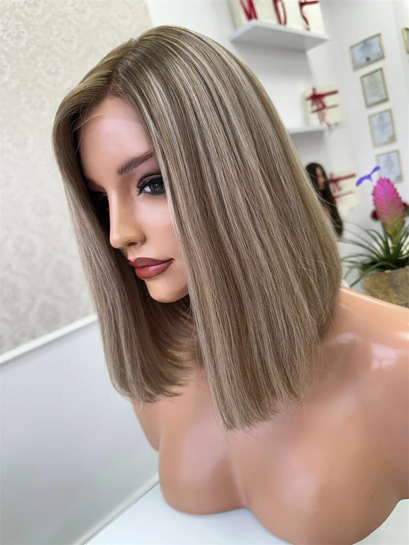 Glueless Short Bob Cut Ash Blonde Lace Frontal Wig Highlights Transparent HD Synthetic Hair Lace Front Wig Soft Straight Bob