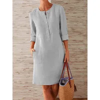 Women Casual Soild Long Sleeve Cotton And Linen Tunic Dress Vintage Straight Dress Long Sleeve Oversized Mini Knee-Length Dress - Image 2