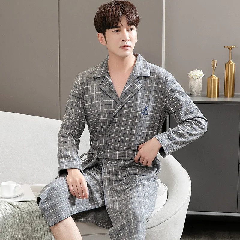 men's pajama sets 2021 Autumn Winter Loose Casual Bathrobe Men Dressing Gown Kimono Man Bath Cotton Long Sleeve V Neck Pijama Luxury Robe Dresses silk pajama pants Men's Sleep & Lounge