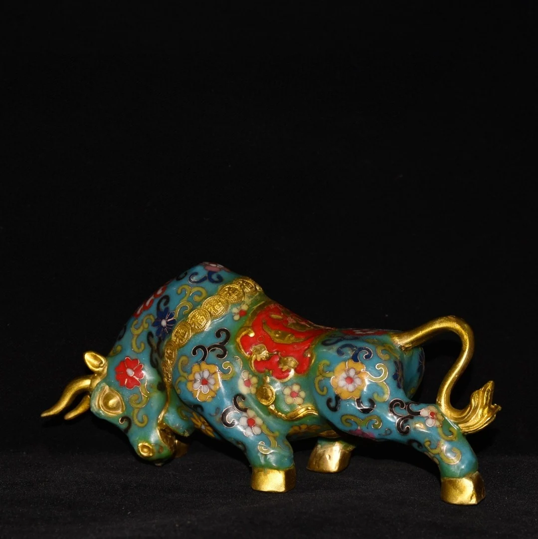 

10"Tibet Temple Collection Old Bronze Cloisonne Enamel Flower Texture Coins Bull Statue Wealthy Cow Amass wealth Ornaments
