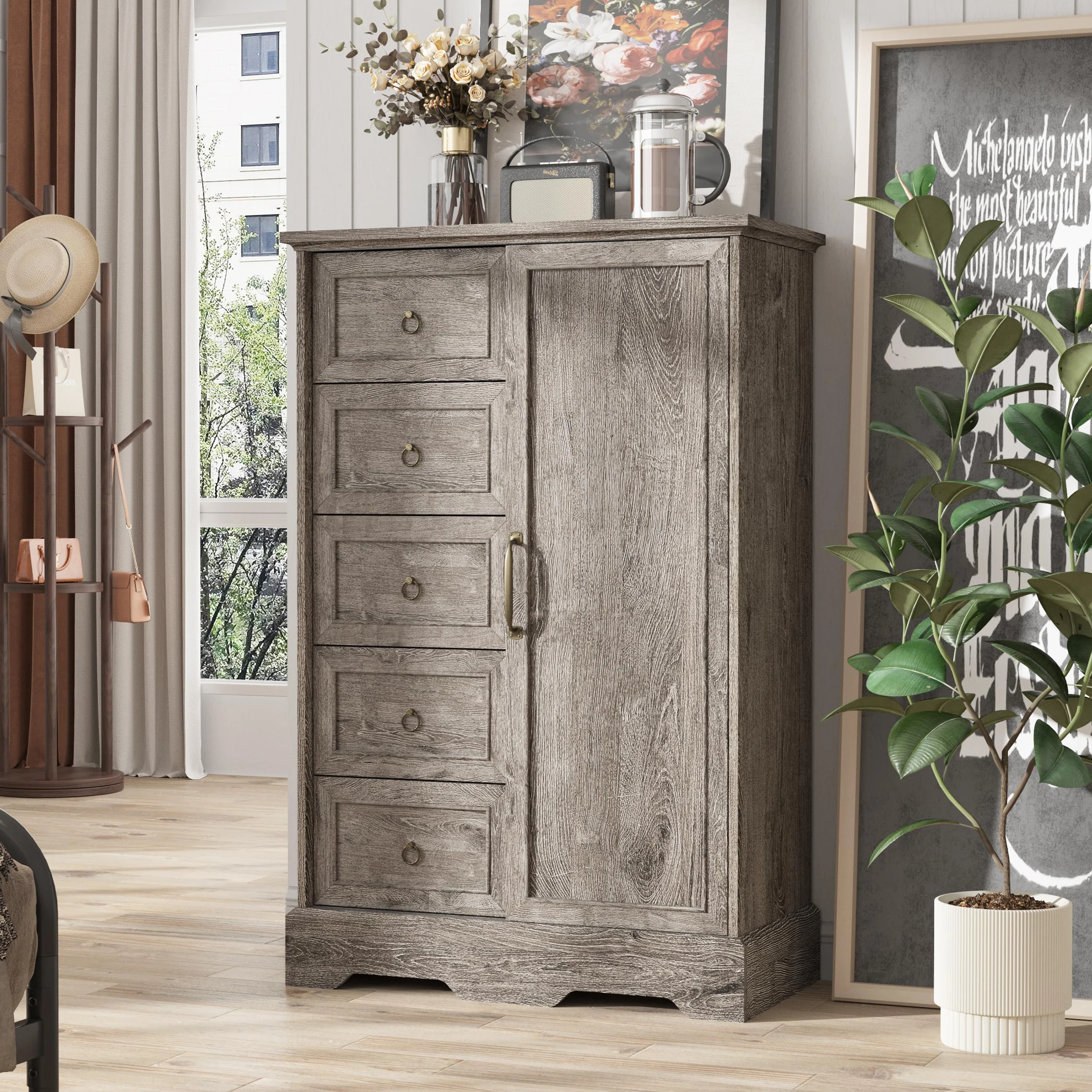 Vabches Dresser for Bedroom 5 Drawers Dresser Organizer Storage with Sliding Door 48" Chest of Drawers Farmhouse Wood Dresser