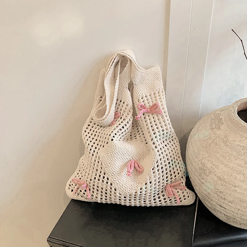 Cute Bow-Knot Pattern Crochet Shoulder Bag Hollow Underarm Bag Mesh Holiday Travel Handbag Summer Beach Handbag for Women