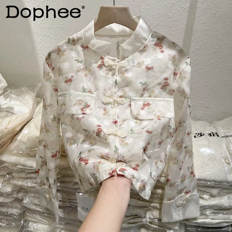 

2023 Summer New Stand Collar Buckle Floral Shirts Blouse Cardigan Women's Long Sleeve Chinese Retro Thin Short Coats Tops Mujer
