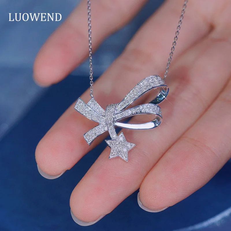 

LUOWEND 18K White Gold Necklace 0.45carat Real Natural Diamond Pendant Necklace for Women Wedding Romantic Butterfly Design