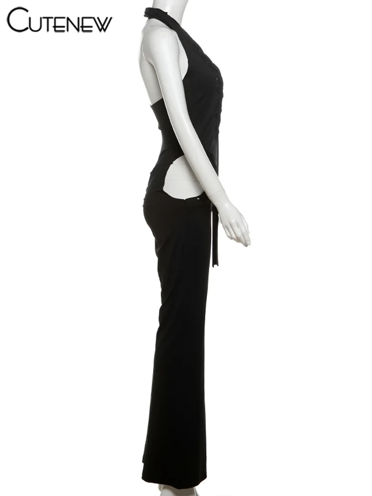 Hollow Out Sexy Jumpsuits Women Summer Fashion Halter Woven Low Neck Skinny Ribbons Overalls Female High Street Clubwear