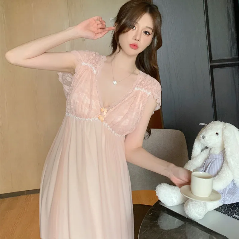 Elegant Sleeveless Nightgown Mesh Nightdress Sexy Sleepwear Princess Style Home Dress Lady Long Sleepshirt Leisure Lace Lingerie