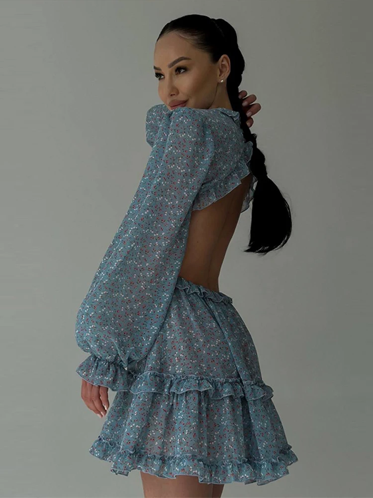 Floral Printed Ruffles Mini Dresses Women Slim Full Sleeves Backless Hollow-out Puffy Dress 2026 New Lady Summer Vacation Outfit 1