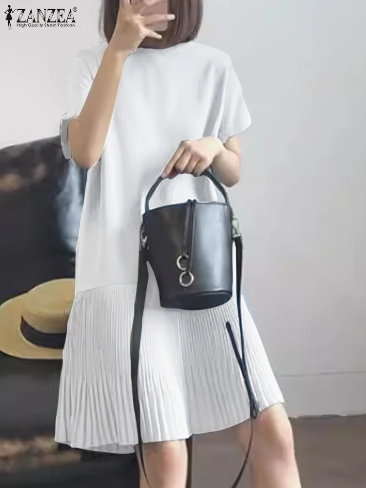ZANZEA Casual Solid Pleated Dress Women Summer Short Sleeve Knee Length Robe 2024 Korean Loose Simple Patchwork Vestido Oversize 4
