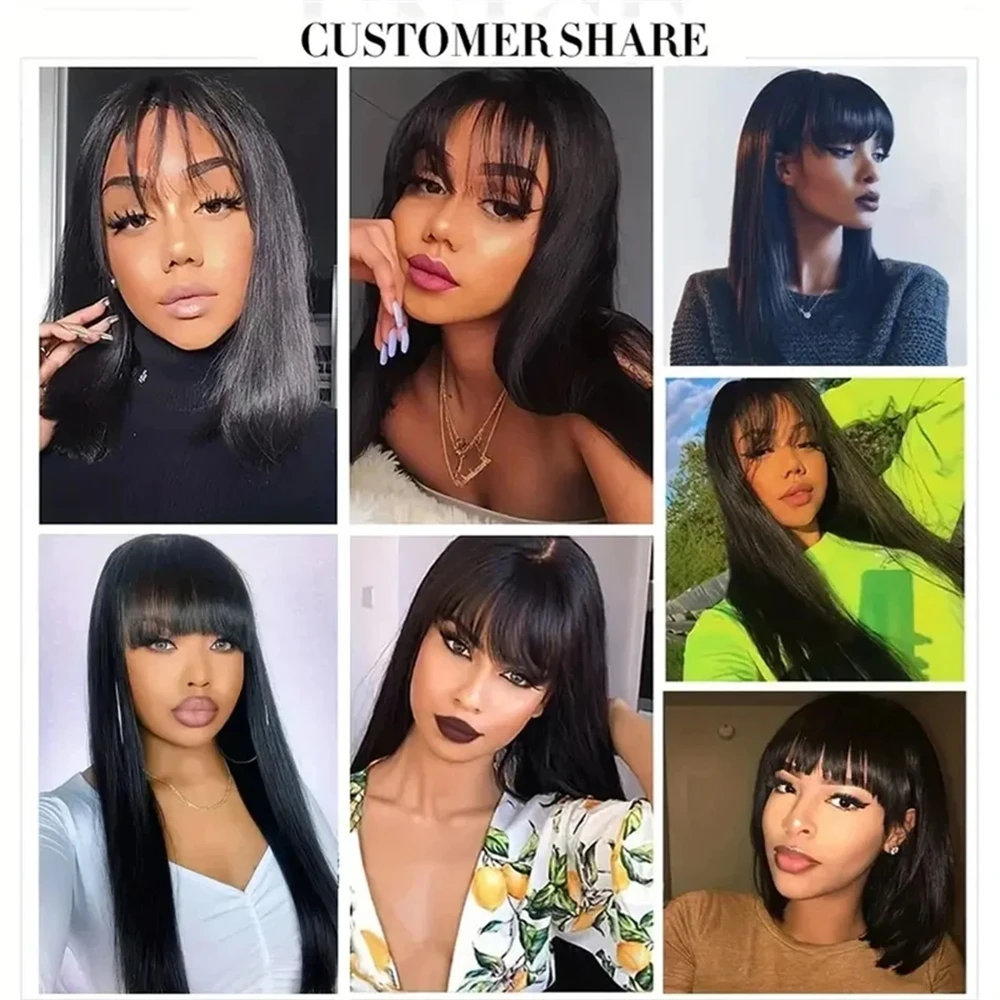 Straight Human Hair Wigs with Bangs 150% Density Machine Made Brazilian Virgin Human Hair Wigs for Black Women Natural Color
