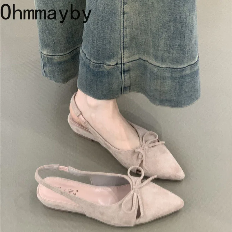Summer Women's Low Heel Sandals Butterfly-knot Pointed Toe Shoes Ladies Evening Dancing Party Slingback Shoes