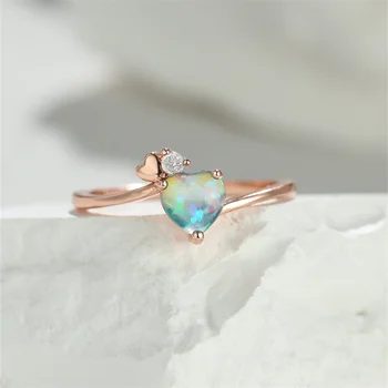 Mystic Birthstone Heart Ring Blue Fire Opal Rings For Women Wedding Bands Stacking Thin Ring Promise Engagement Finger Jewelry