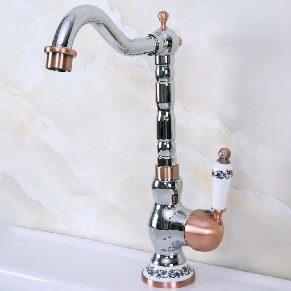 

Chrome & Red Copper Brass Kitchen Bathroom Basin Sink Faucet Vessel Tap Mixer Tap Swivel Spout Single Hole Deck Mounted Lnf908