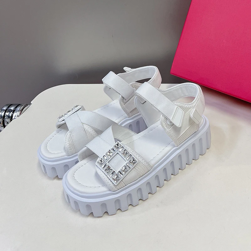 

Female Platform Sandal Summer New Crystal Decor Square Button Round Toe Sandals Real Leather Material Thick Bottom Women Shoes