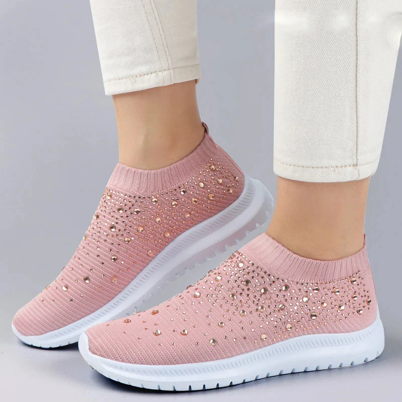 Shining Crystal Flats Shoes for Women Plus Size Breathable Mesh White Sneakers Woman 2022 Spring Summer Soft Sole Sports Shoes 