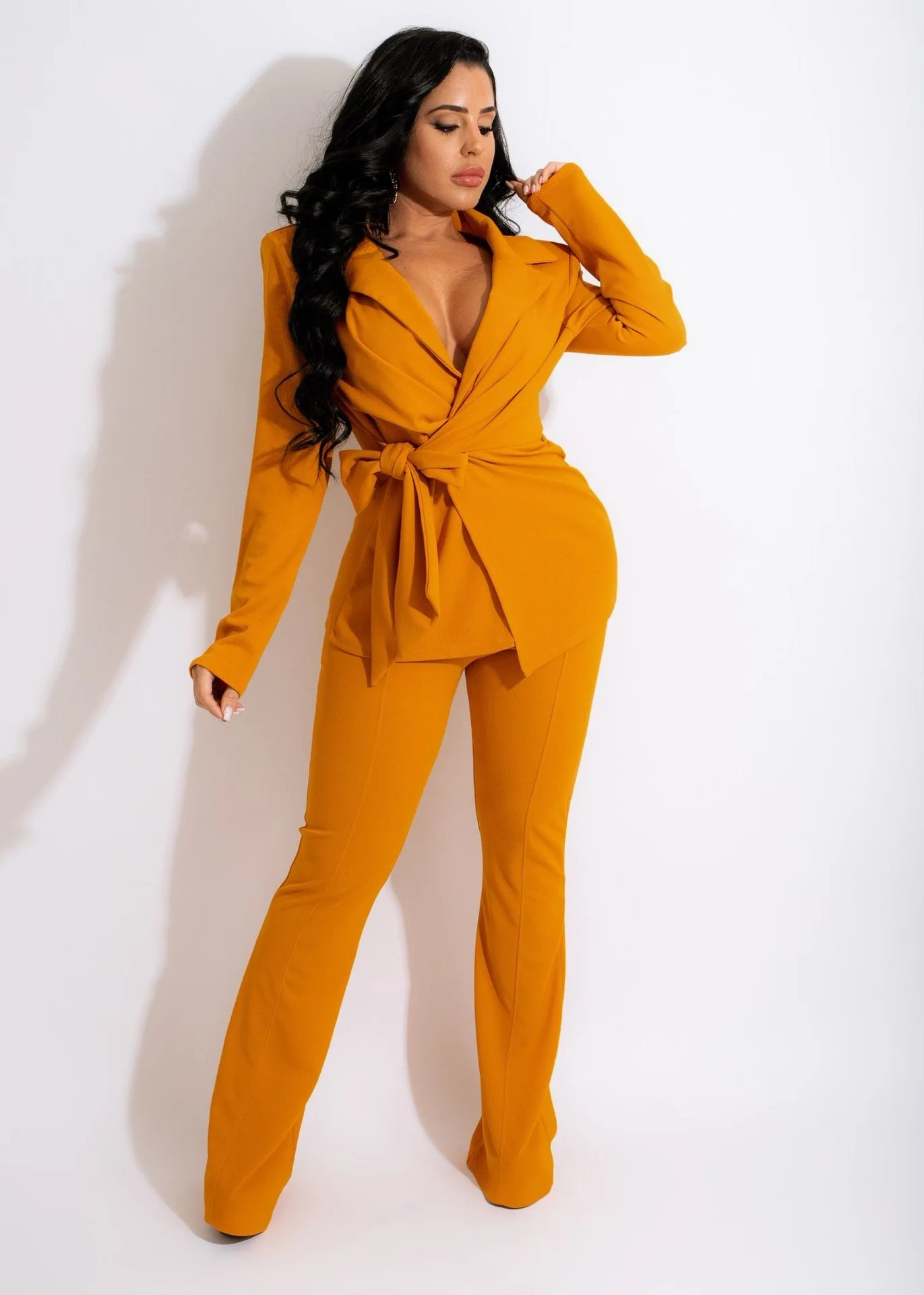 Fashion Office Lady 2 Piece Sets Women Outfit Sexy Bandage V Neck Long Sleeves Blouse Suit Spring Autumn Casual Female Pant Sets