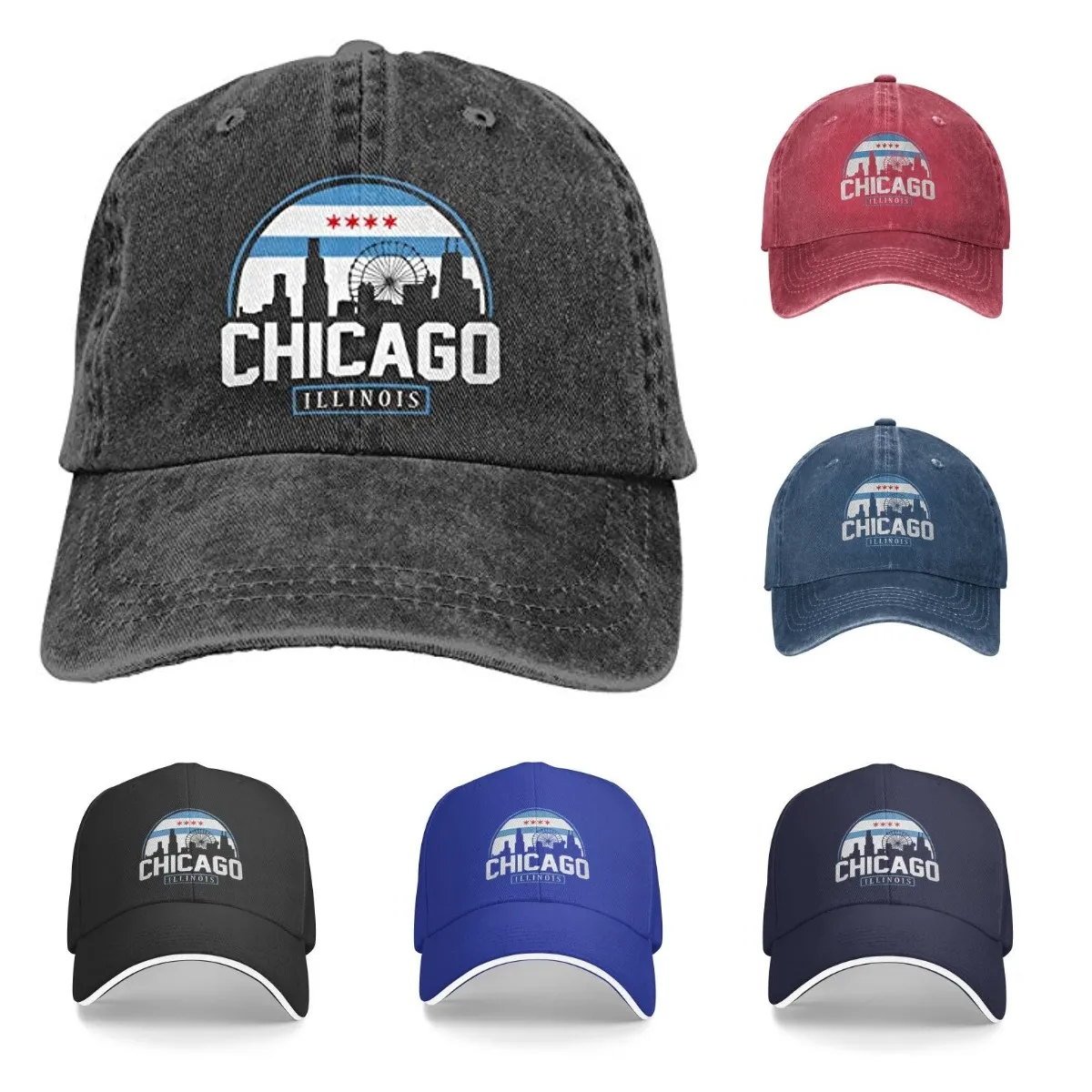 

City of Chicago Flag Baseball Cap Vintage Cotton Denim Washed Distressed Adjustable Dad Hat Black Four Seasons Casual Cap