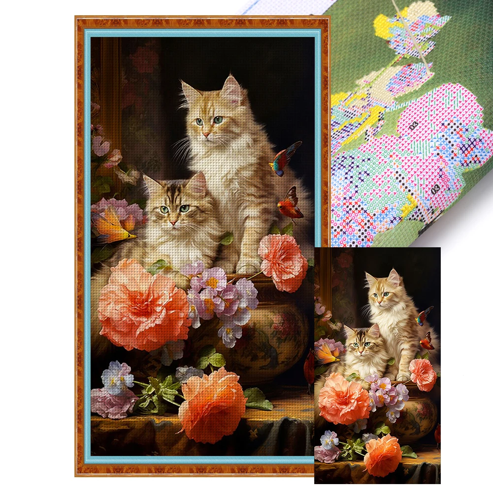 Full Embroidery Eco-cotton Thread 11CT Printed Cat Cross Stitch Kit 35x65cm