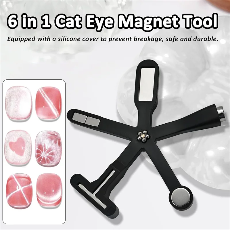 6 in 1 Nail Art Magnet Stick Cat Eye Gel Nail Polish Magnet with Silicone Protective Case 3D Strong Magnetic Cat Eye Tool