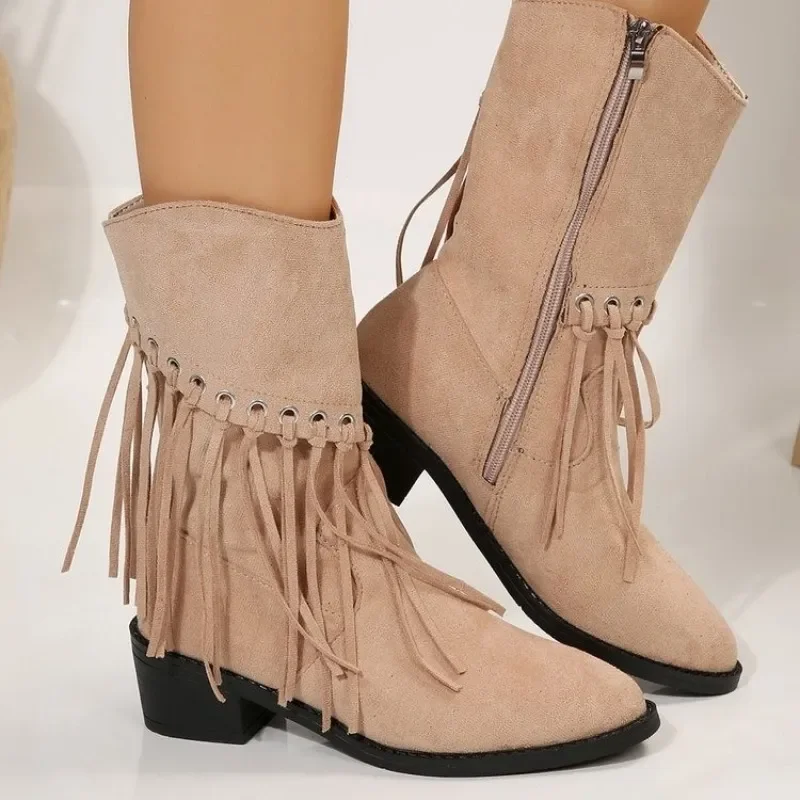 

Богемный стиль, женская обувь 2023, новый дизайн, женские сапоги с бахромой, классические, с острым носком, западные сапоги Comfor, ботинки на молнии с квадратным каблуком