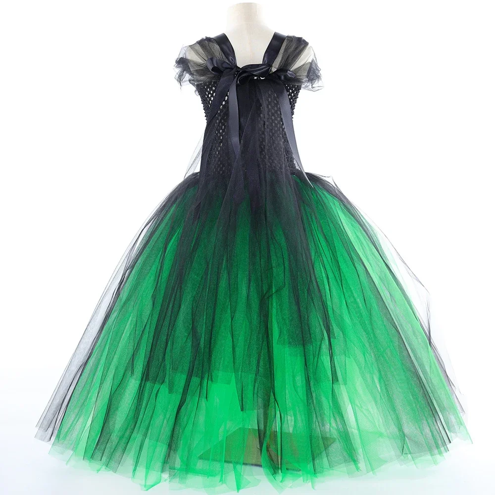 Wicked Witch Elphaba Long Costumes Girls Halloween Fancy Dress with Hat Broom Cloak Kids Carnival Party Outfit Floor Ball Gown