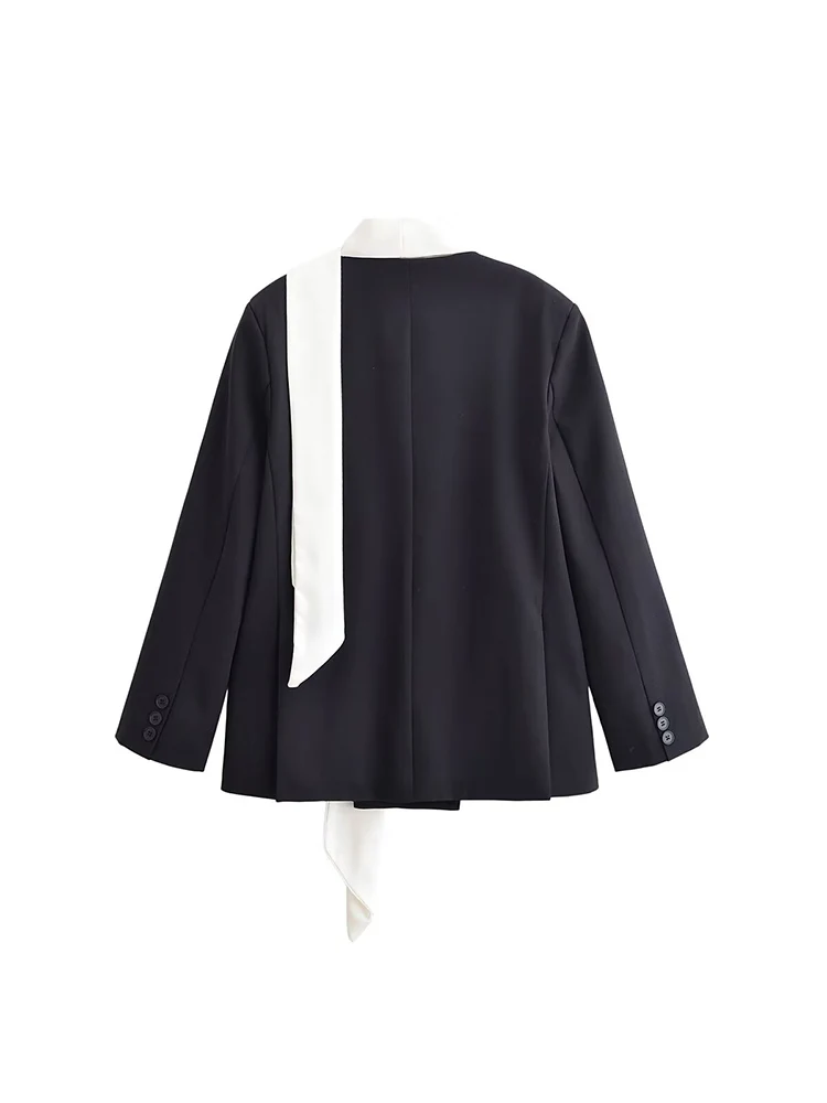 Spring New Women Elegant Blazer Fashion Scarf Collar Long Sleeve Button Up Black Whiter Contrast Color SuitJacket Fashion Loose