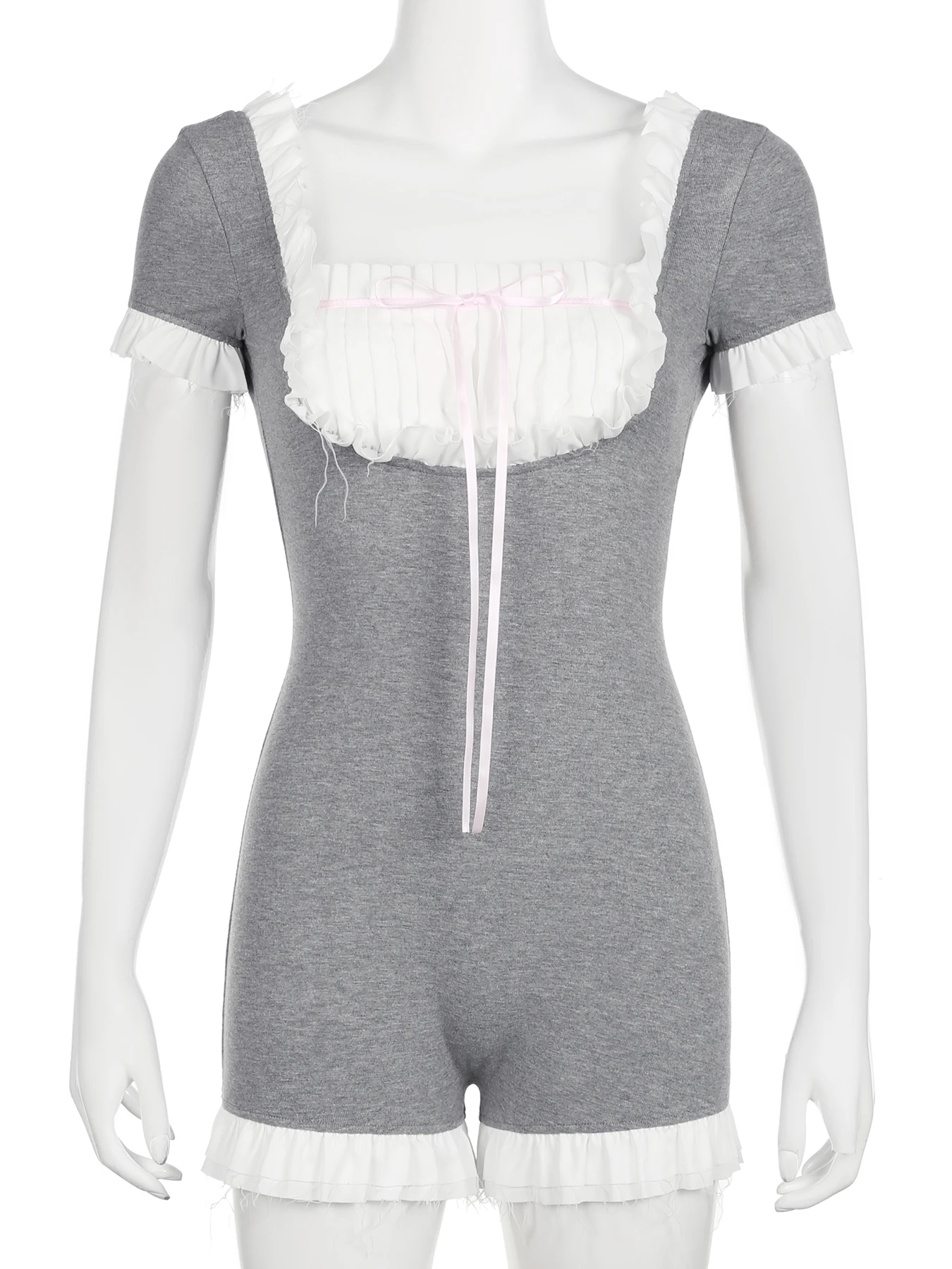 Rockmore y2k Coquette Lace Frill Backless Tie Up Jumpsuit Women Aesthetic Bodycon Romper One Piece Bodysuit Streetwear Playsuit