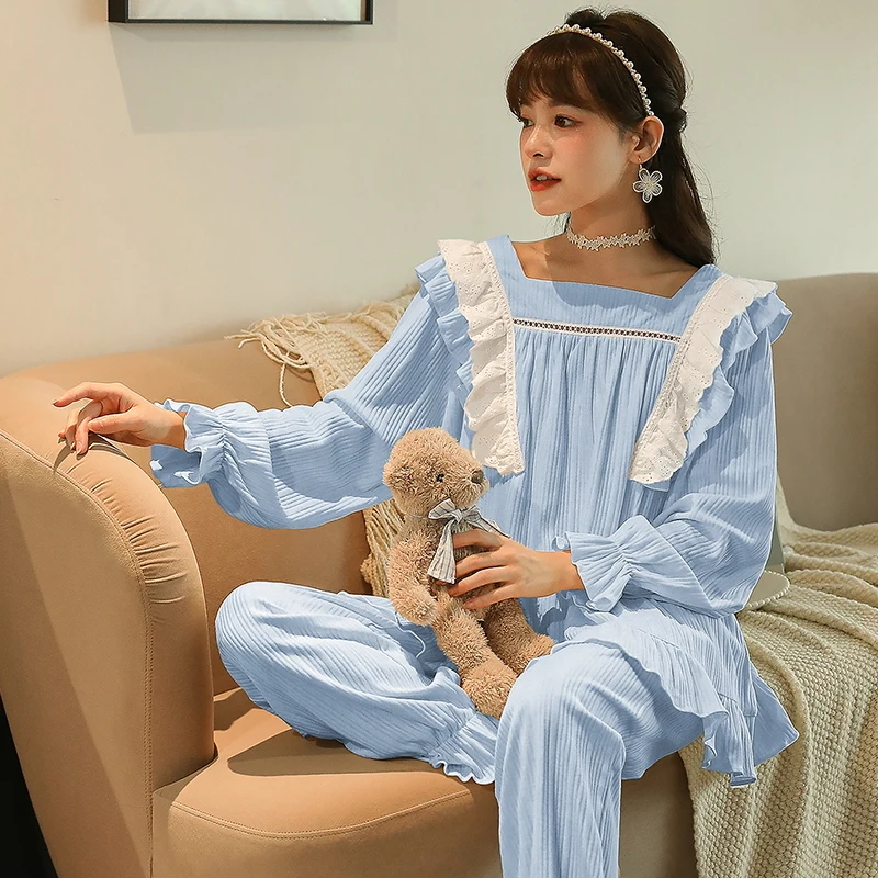 Spring, Autumn and Winter Women's Pajamas Knitted Cotton Solid Korean Style Square Neck Women's Suit Evening Dress Home Wear