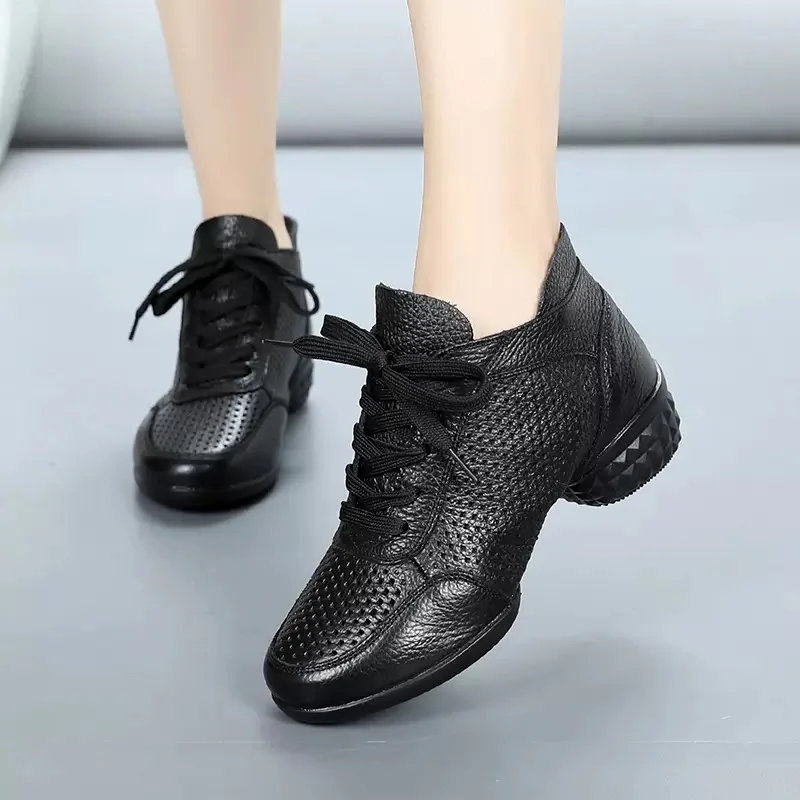 Dance Shoes Women's Square Dance Shoes Leather Soft Sole Modern Jazz Dance Shoes Hollow Female Sailor Breathable Sneakers