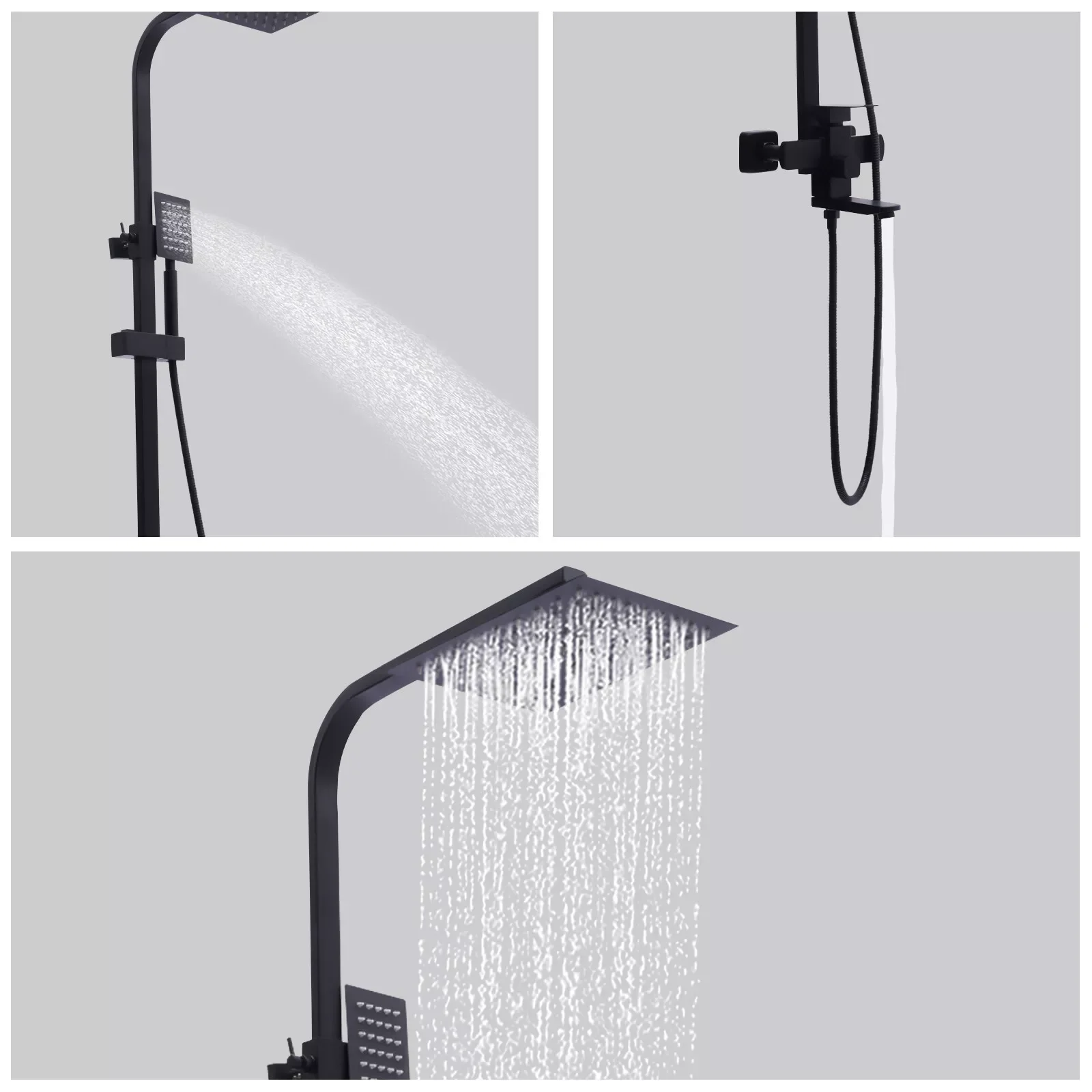 Shower Faucet Set Rainfall Shower Head Handle Combo Kit System Wall Mount Black Rain & Waterfall Jets Faucet Stainless Steel 2