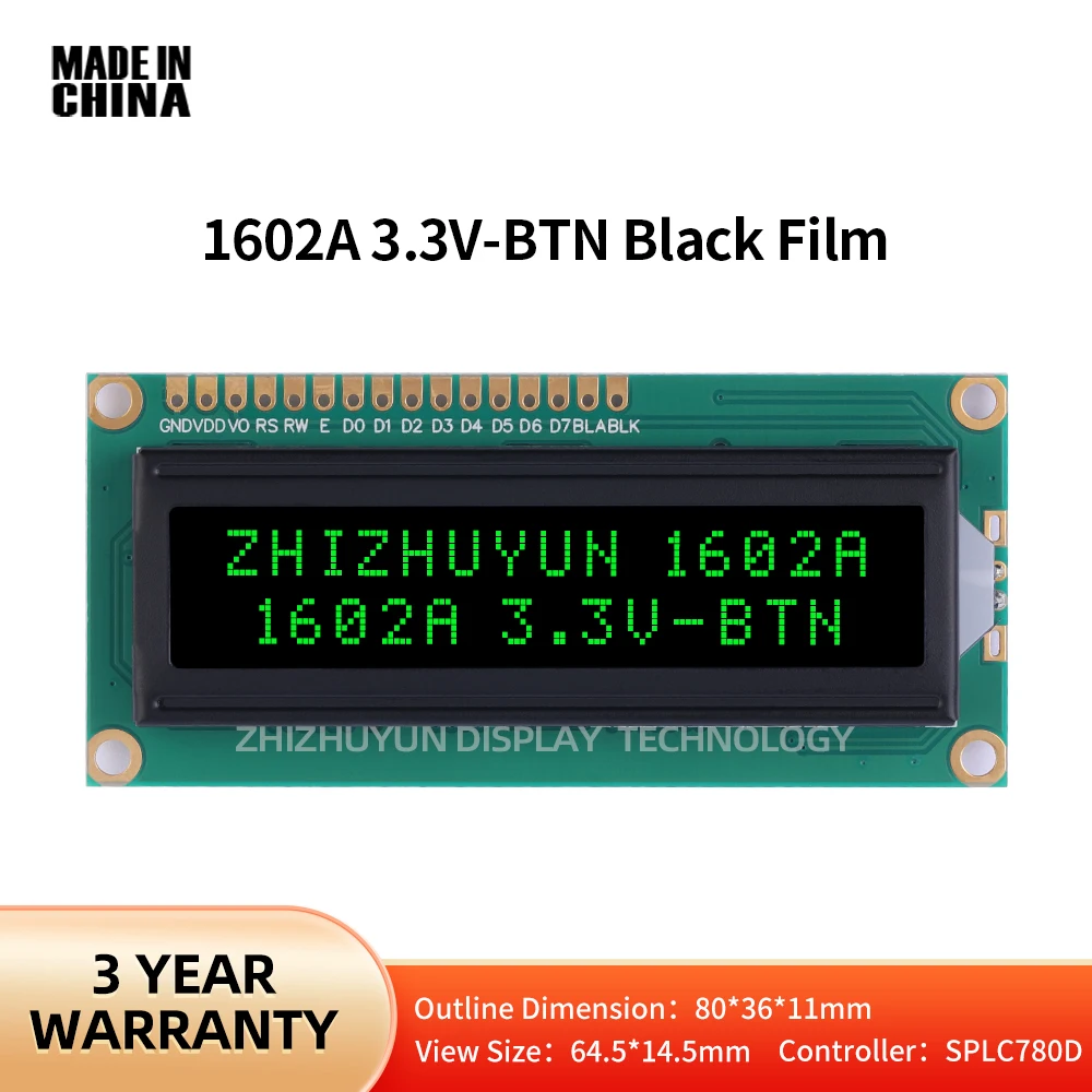 

Multiple Languages 1602A LCD Display Screen BTN Black Film Green Text 16*2 Character LCD Screen Voltage 3.3V