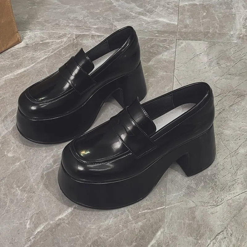 NEW Super High Heels Loafers Women Spring Autumn Patent Leather Chunky Platform Pumps Woman Slip On Black Uniform Shoes Fashion