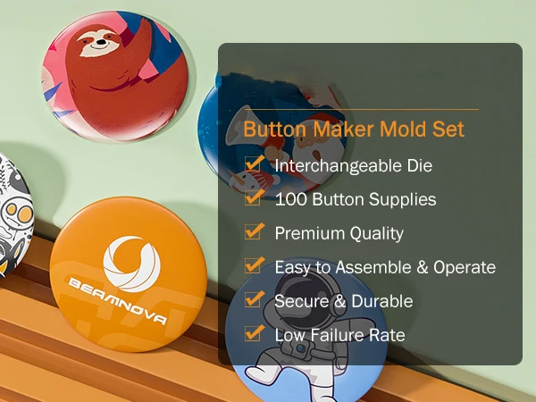 Badge Maker Molds 25mm 32mm 37mm 44mm 58mm Button Maker Machine Interchangeable Die Mold with 100Pcs Button Parts DIY Round Badge Punching Die