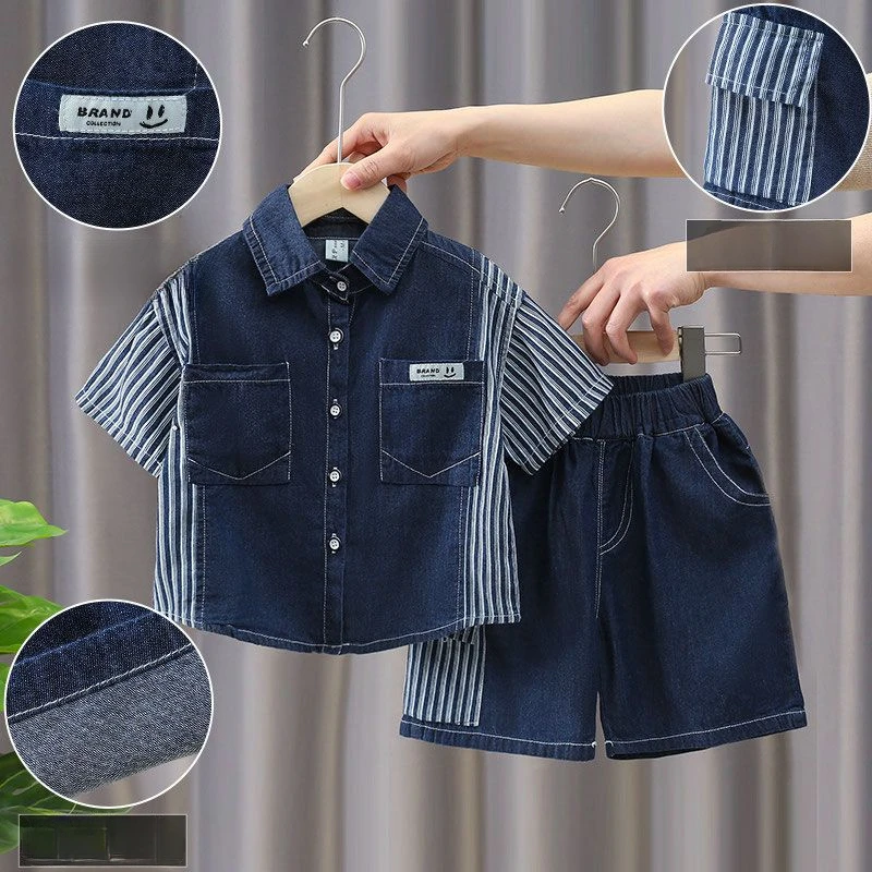 Summer Kids Boys Handsome Clothing Children Casual Denim Short Sleeve Shirt+ Shorts 2Pcs/Set Kids Striped Sportswear 2-10Y